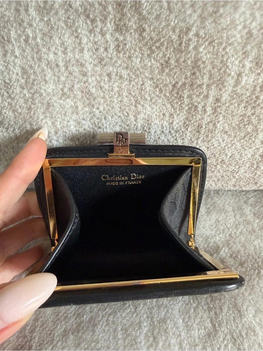 Vintage Christian Dior Black Honeycomb Canvas Kiss Lock Coin Purse